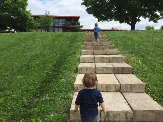 boys walking up the steps to the Nature Center