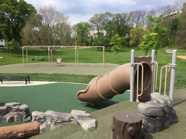 slide and swings at Wyman Woods Park in Grandview Heights, Ohio.