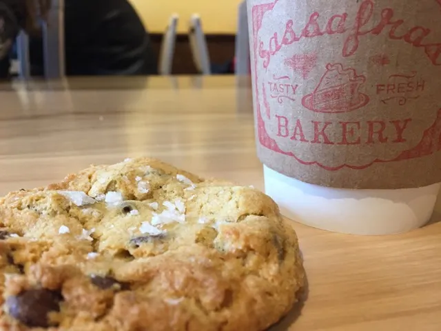 cookie and cup of coffee at Sassafras Bakery