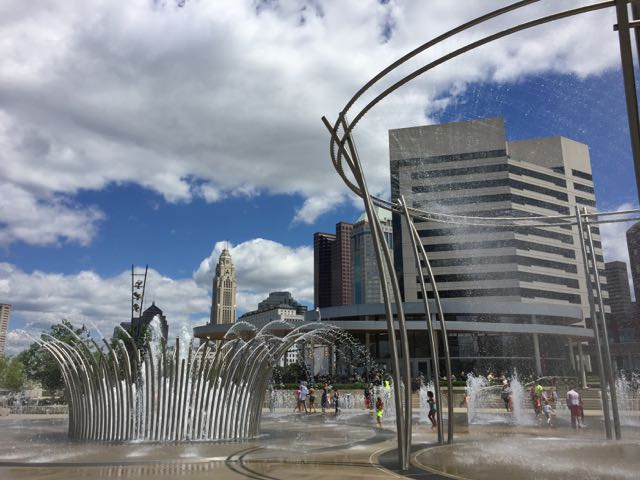 fountain and splash pad at Bicentennial Park in downtown Columbus, Ohio.