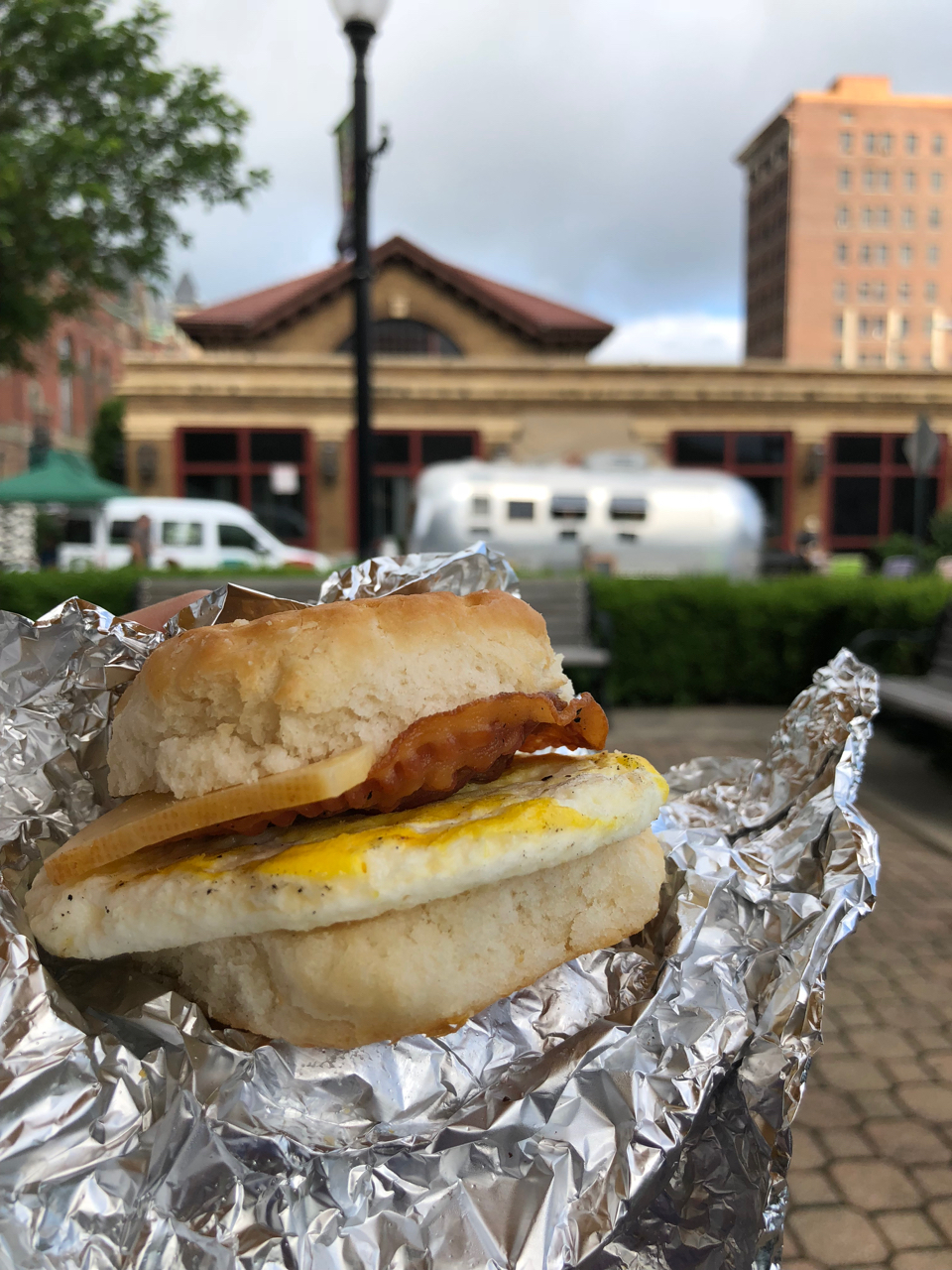Egg sandwich outside Springfield Farmers Market