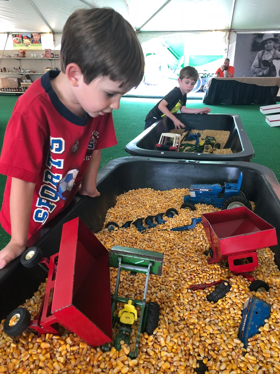Boys playing in corn bin at Ohio State Fair