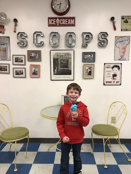 kid eating ice cream at Nancy's Scoops in Lancaster, Ohio