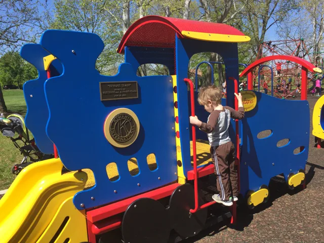 boy on train at playground at Alum Creek North Park, Westerville, Ohio