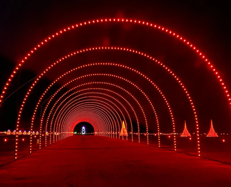 a tunnel of red lights at WonderLight's Christmas holiday lights drive through near Columbus, Ohio