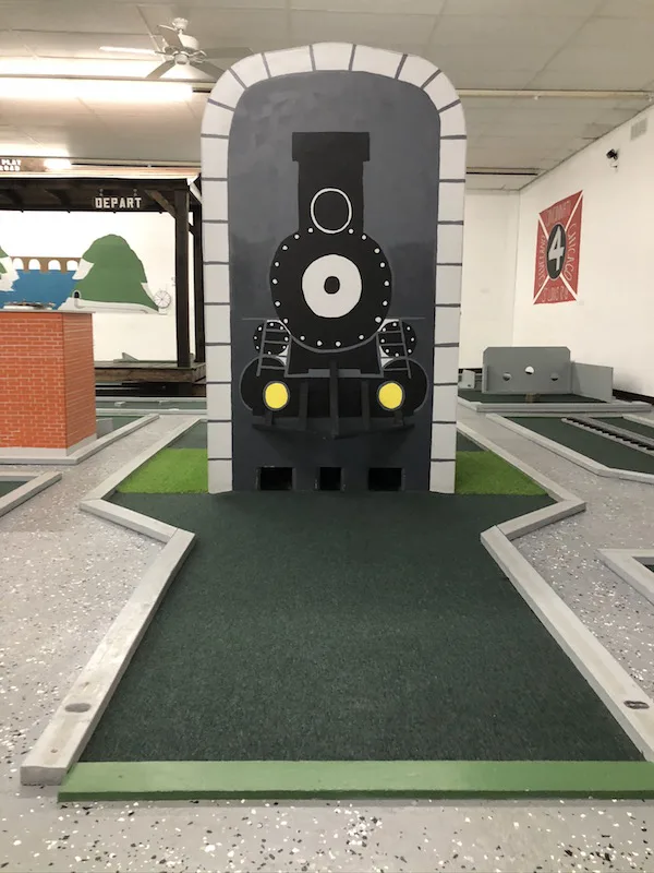train themed mini golf at Putt and Play in Bellefontaine, Ohio