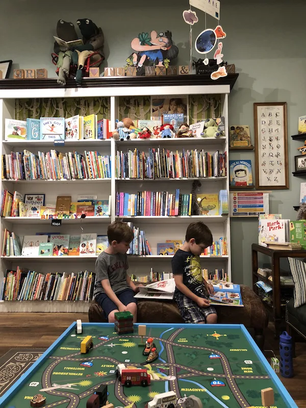 boys reading at Cover to Cover Book Store in Upper Arlington, Ohio.
