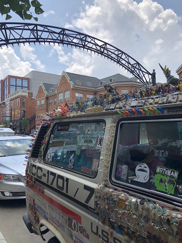 car with toys glued to it in the Short North. Gallery Hop is a fun thing to do in Columbus, Ohio.