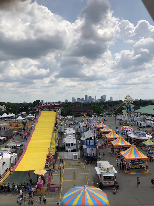view of downtown Columbus from the ferris wheel at Ohio State Fair