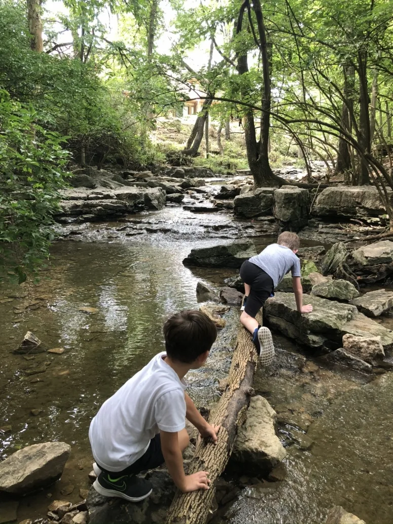boys climbing across a log over the creek