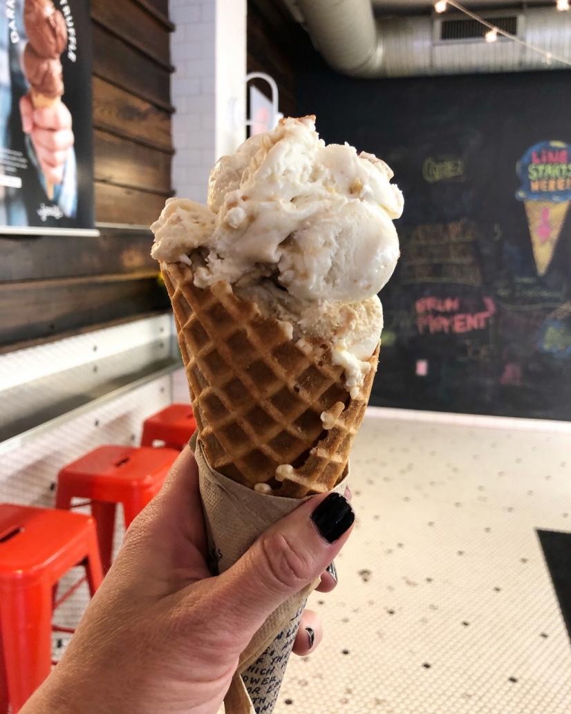 Jeni's Ice Cream in a waffle cone.