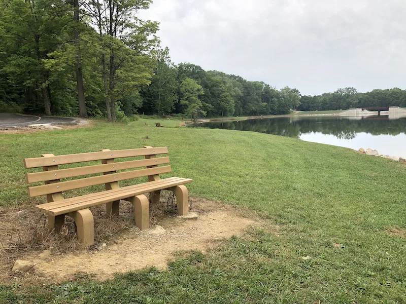 bench next to the lake in Mt. Gilead State Park