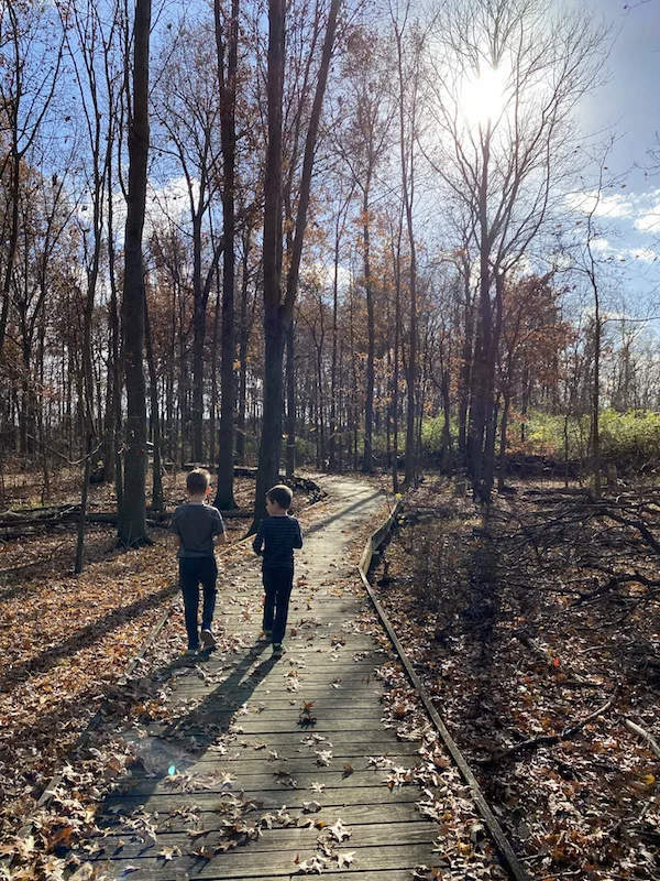 two boys walking on the boardwalk trail at Sawmill Wetlands Educational Area in Columbus, Ohio