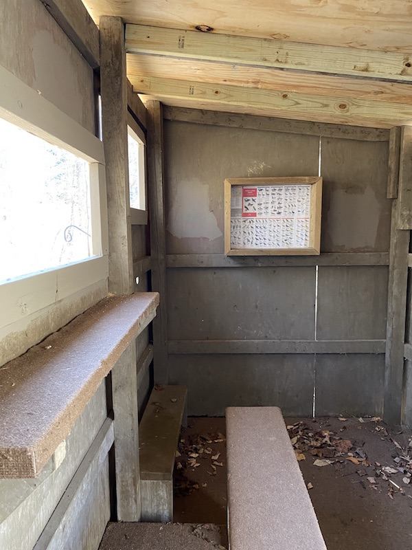 inside the bird watching blind with windows and benches.