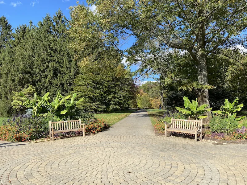 two benches in the Circle Garden at Inniswood Metro Gardens