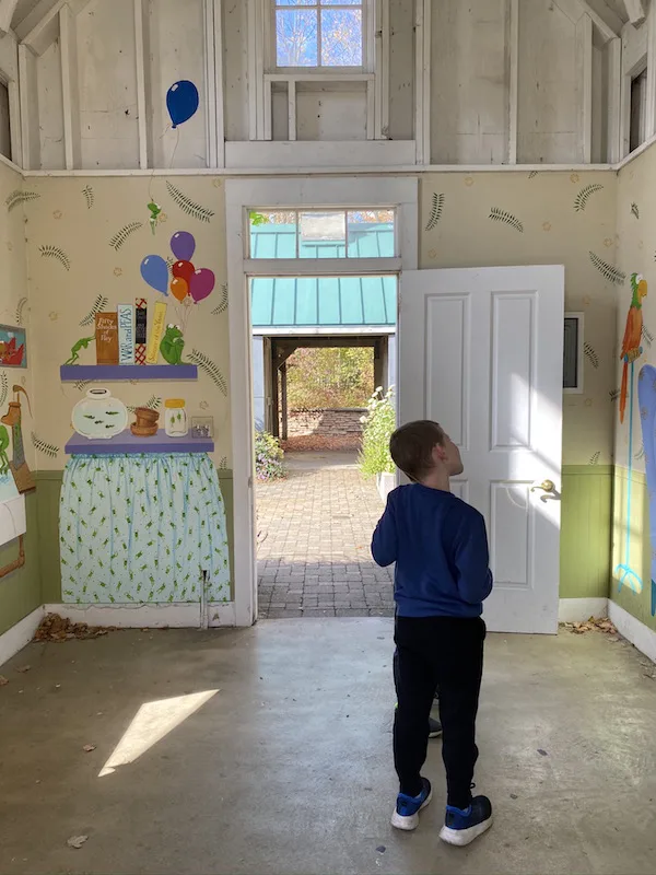 by inside Granny's House looking at brightly painted walls