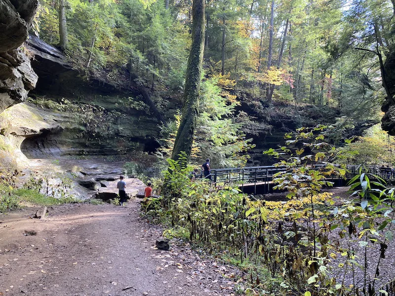 two boys approaching a bridge in the gorge of Old Man's Cave