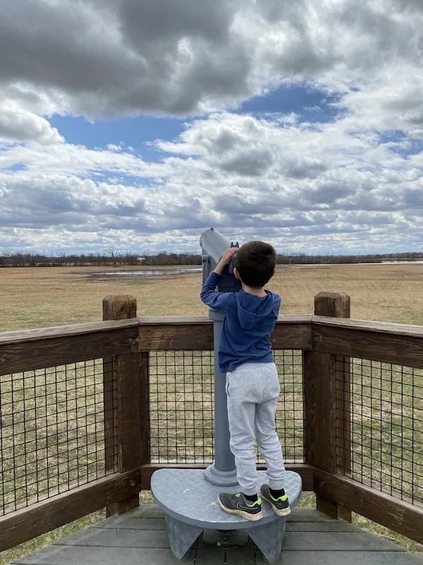 boy looking through binoculars at the observation deck at Glacier Knoll Picnic Area.