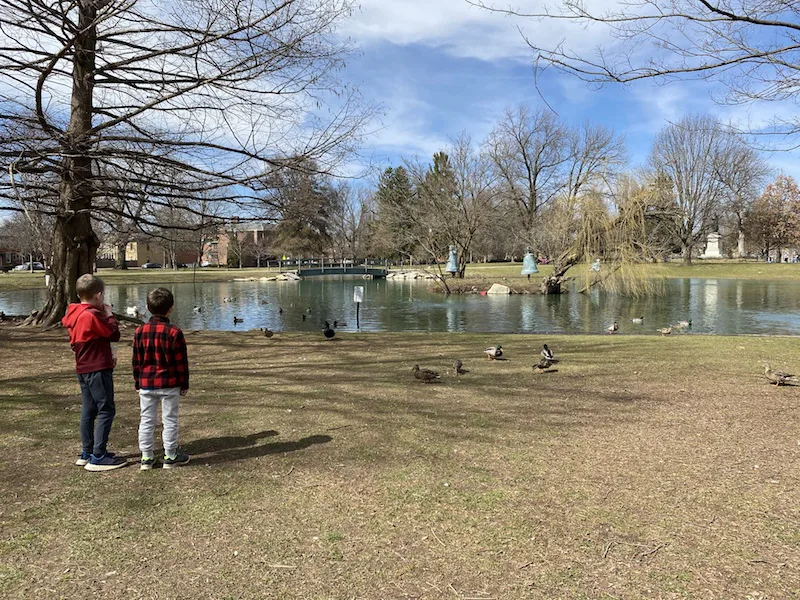 two boys looking at the pond in Schiller Park.