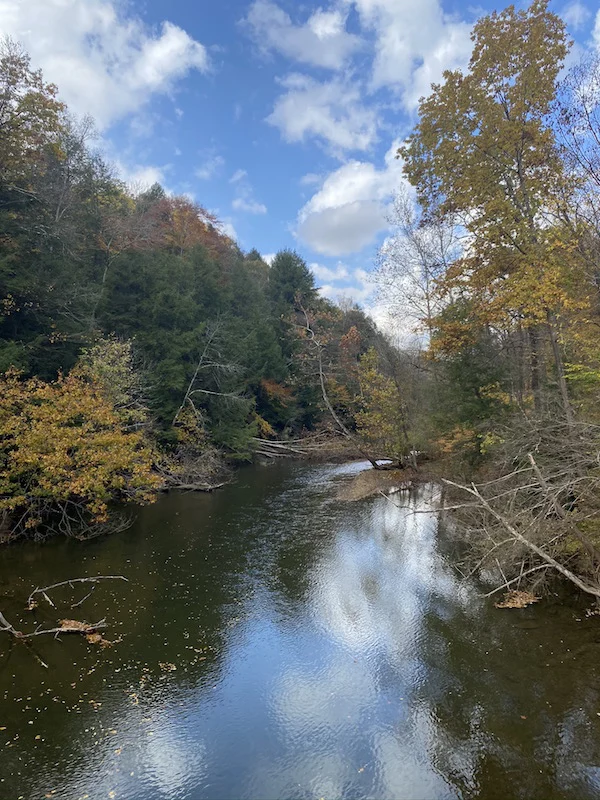 view of the Mohican River in the fall.