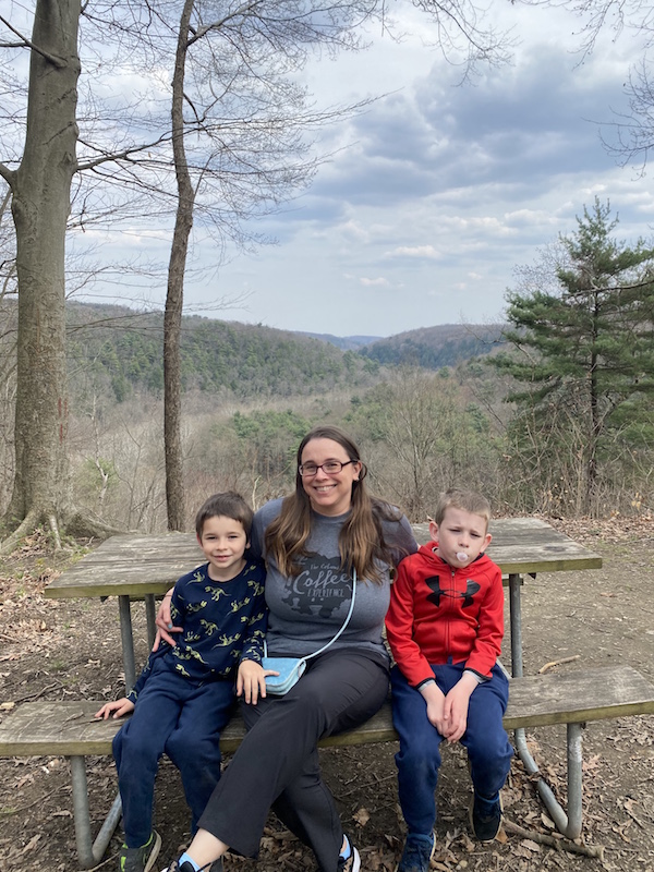 mom and two boys at the Vista Overlook in Mohican State Park.