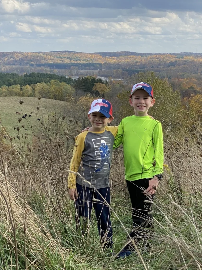 two boys on top of Mt. Jeez Overlook near Mohican State Park.