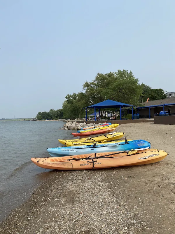 kayaks on the beach at Fairport Harbor, Ohio.