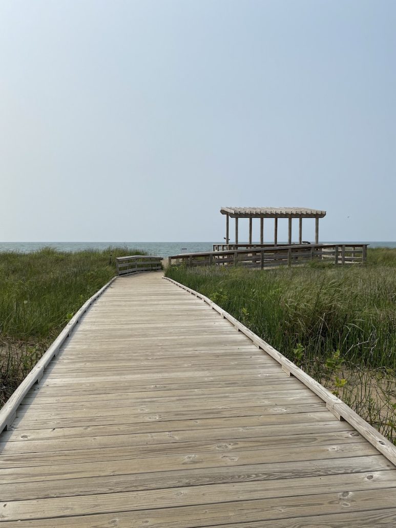 Boardwalk through the sand dunes at Headlands Beach in Lake County, Ohio.