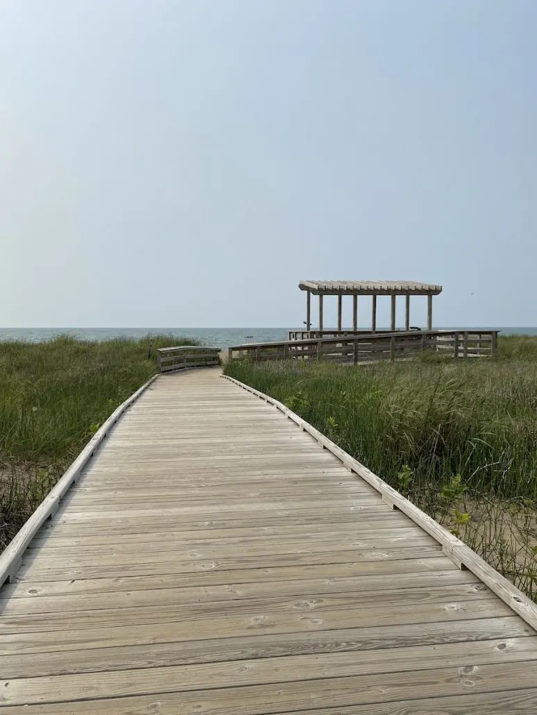 Boardwalk through the sand dunes at Headlands Beach in Lake County, Ohio.