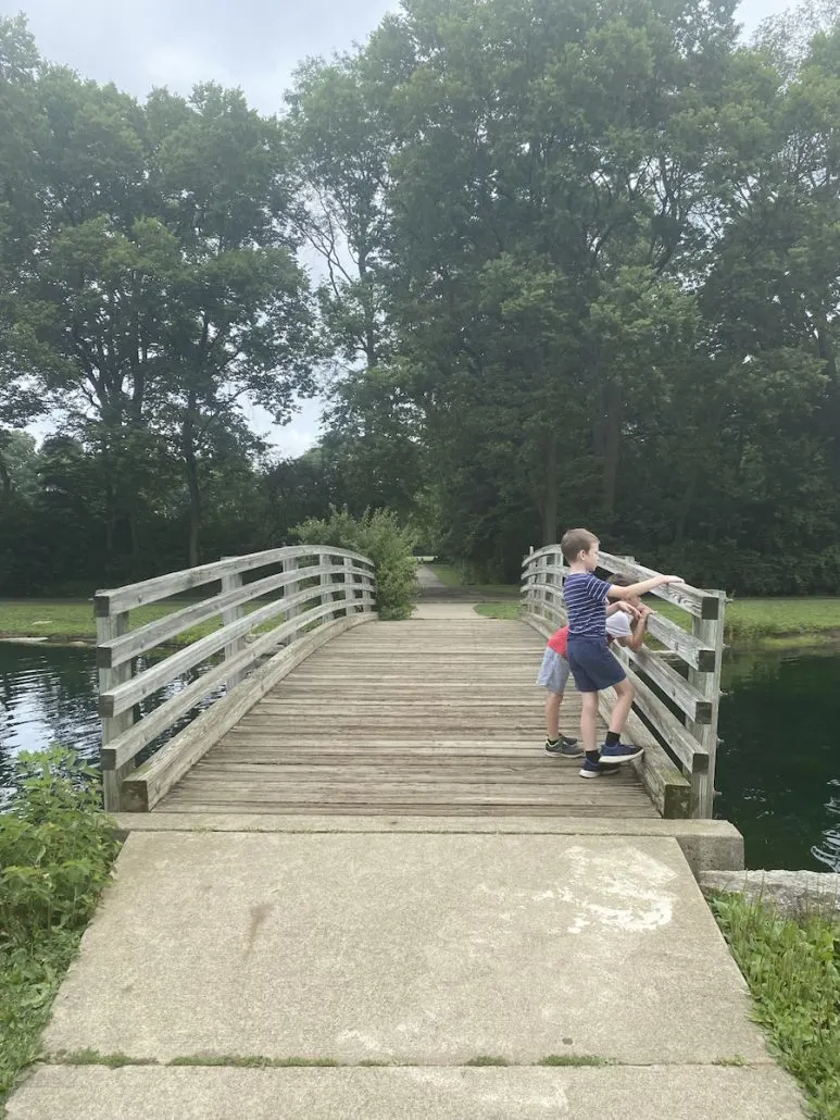 Two boys on a bridge at the fishing pond in Whetstone Park.