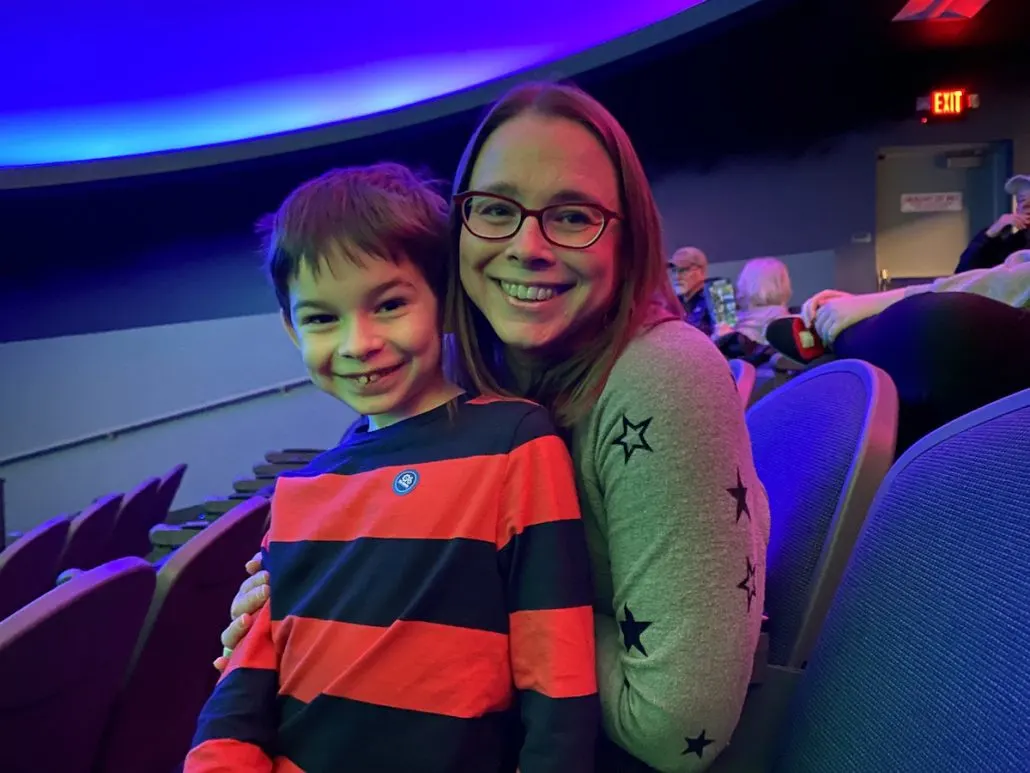 Mom and son inside the SciDome Planetarium at The Works in Newark, Ohio.