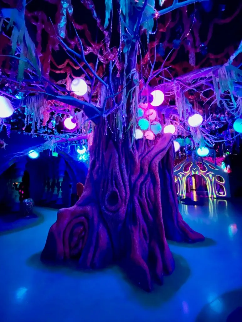 Brightly lit tree at Otherworld, a fun thing to do in Columbus.