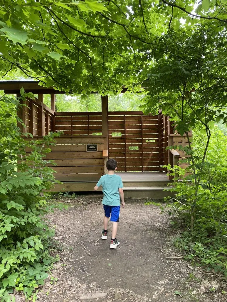 A boy approaching the wildlife viewing blind at Deer Haven Park.