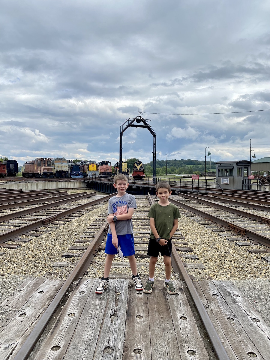 Two boys at the Age of Steam Roundhouse in Tuscarawas County, Ohio.