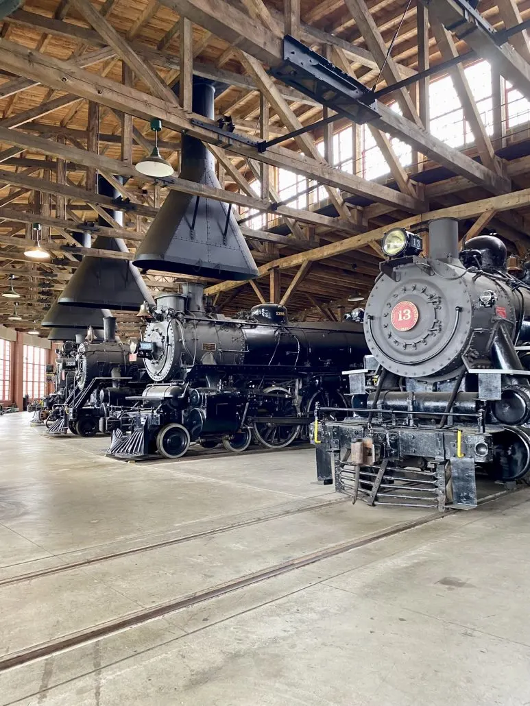 Steam trains inside the Age of Steam Roundhouse in Tuscarawas County, Ohio.