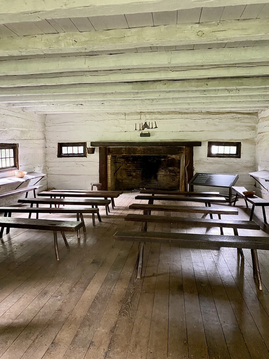 Inside the first schoolhouse in Ohio at Schoenbrunn Village.