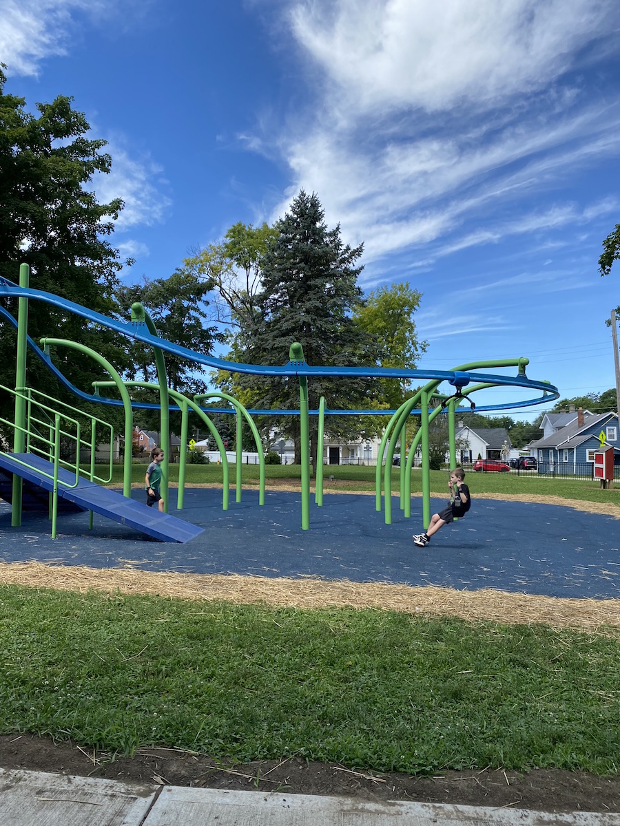 Boys playing on the gravity rail at Garrette Park in West Jefferson, Ohio.
