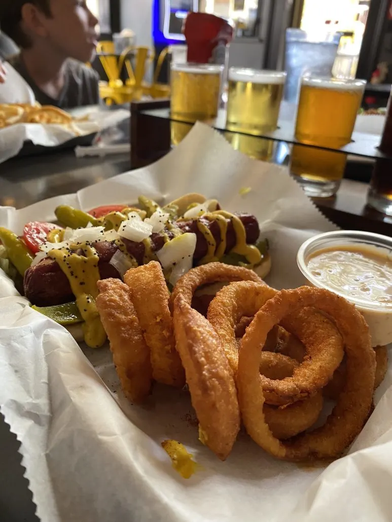 A gourmet hotdog and beer flight at Mad Dogs in Marysville, Ohio.