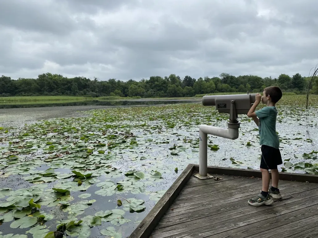 Boy looking through a scope at Buzzard's Roost Lake.