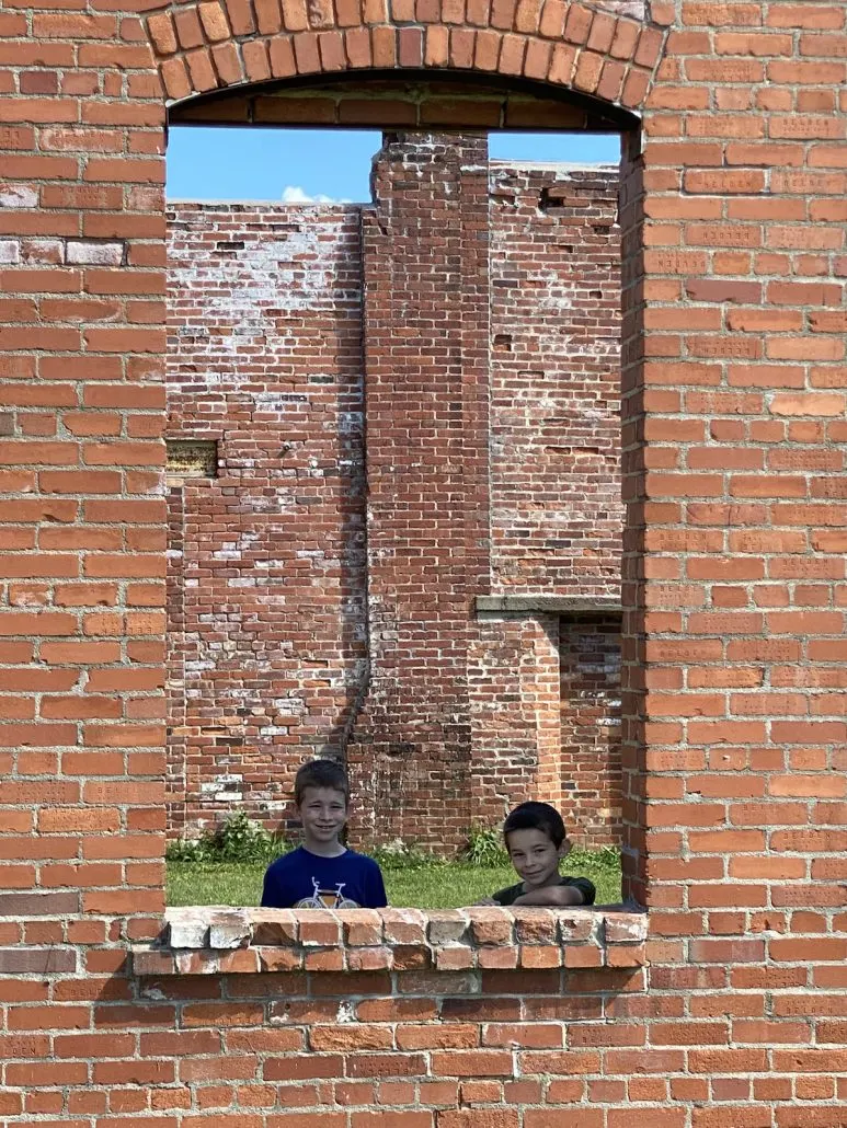 Two boys at Coxey Building Ruins at Ariel-Foundation Park outside of downtown Mt. Vernon, Ohio.