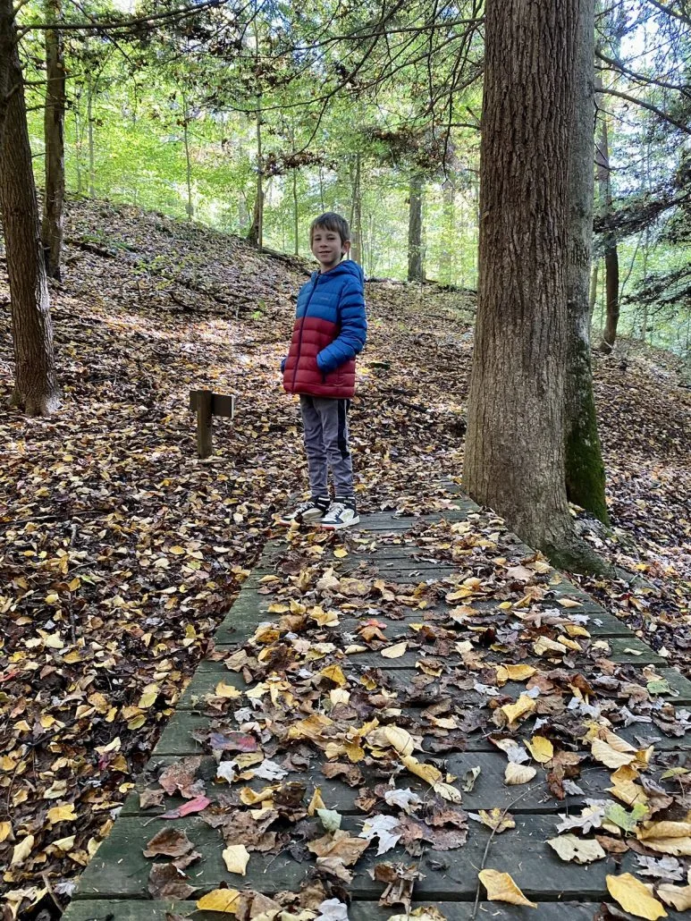 Boy on a wooden trail on the Shelter Trail near Lancaster, Ohio.