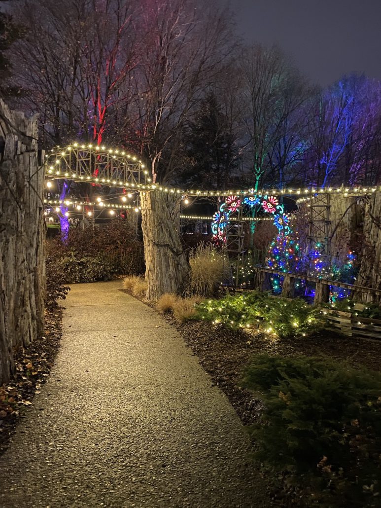 Outdoor holiday train set at Franklin Park Conservatory.