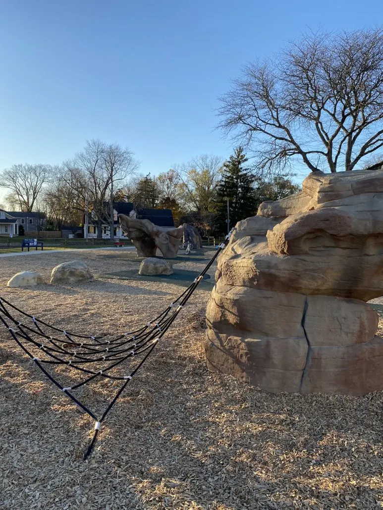 Rock and rope climbing elements at the Castle Park in Upper Arlington, Ohio.