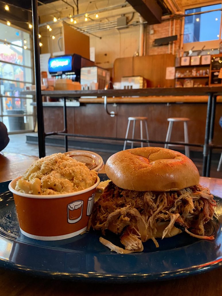 A pulled pork sandwich from Feast BBQ a family-friendly place to eat in Louisville, Kentucky.