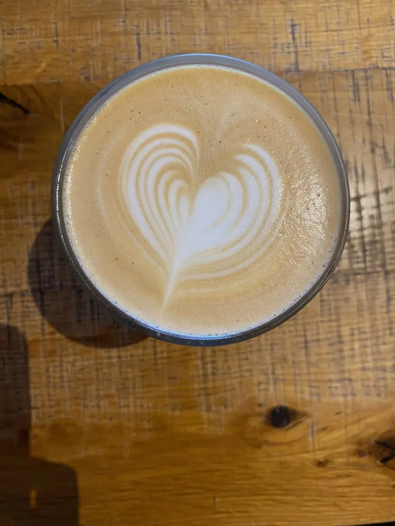 A latte with a heart design on top from Brioso Coffee shop in downtown Columbus, Ohio.
