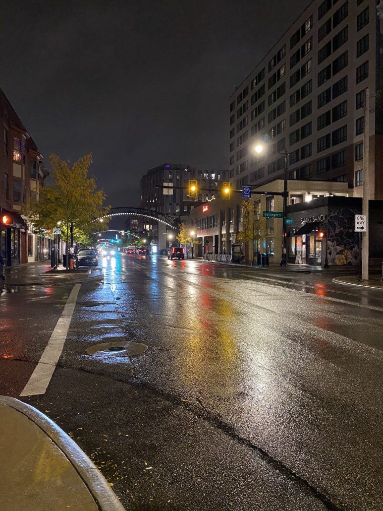 A street scene at night in the Short North District in Columbus, Ohio.
