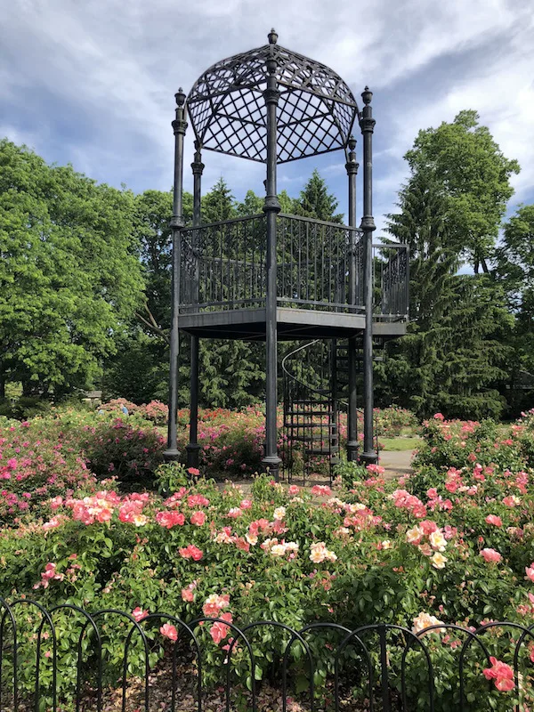 An elevated gazebo in the Columbus Park of Roses in Ohio.