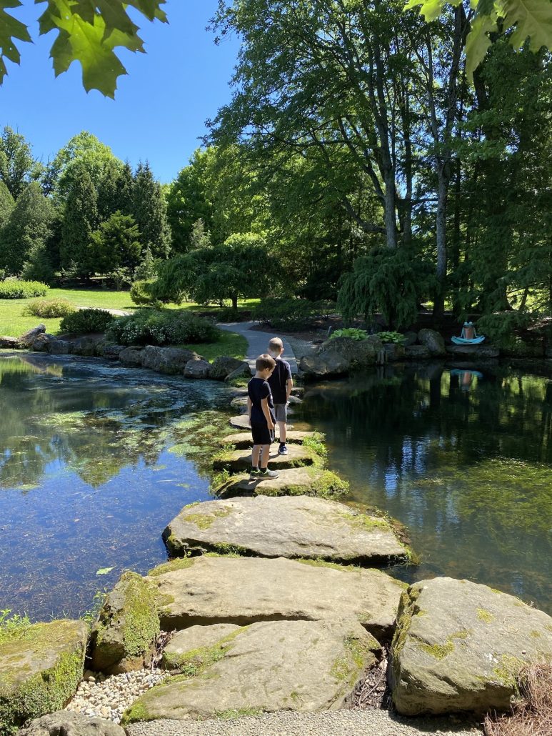 Two boys walking across stones in the water in the Japanese Garden at Dawes Arboretum in Newark, Ohio.