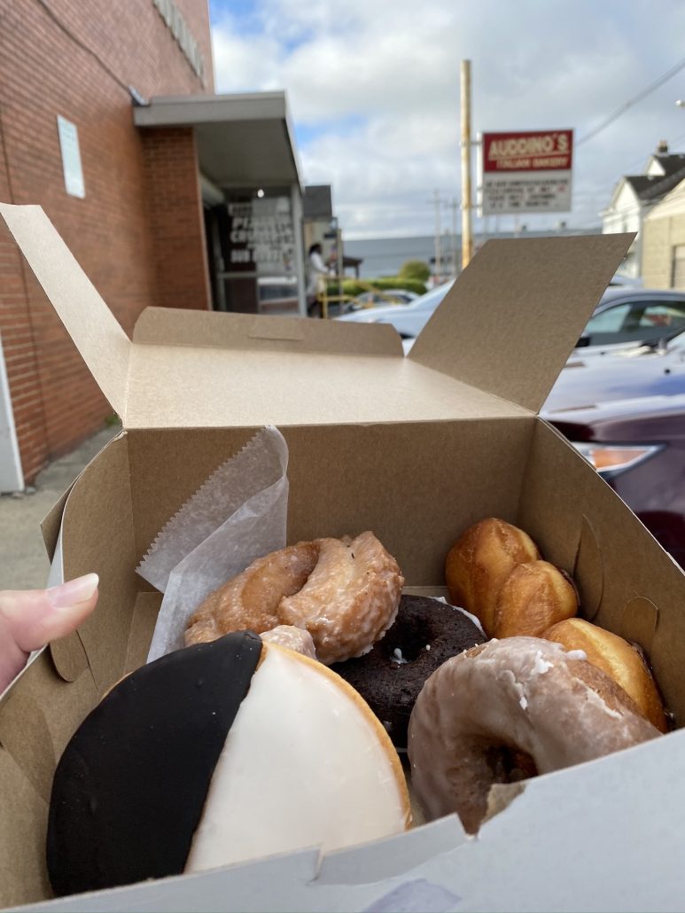 A box of donuts outside Auddino's Italian Bakery in Columbus, Ohio.