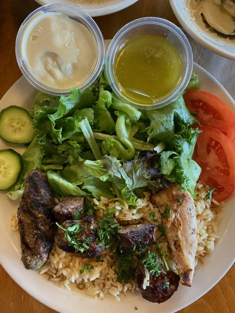 Chicken, rice and salad from Aladdins Eatery in Grandview Heights, Ohio.
